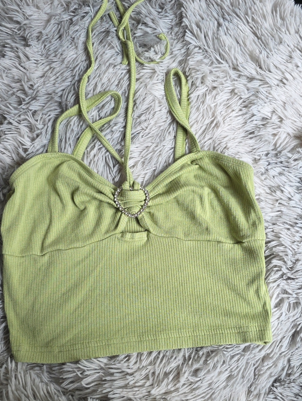 SHEIN Lime Ribbed Rhinestone Heart Halter Crop Top